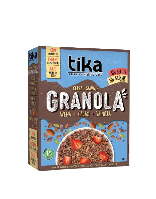 Cereal Salvaje Granola Avena, Cacao y Vainilla, Vegana, sin Azúcar, con Prebióticos, 200 g