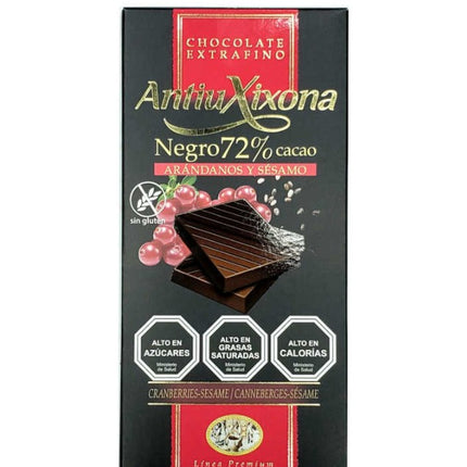 Chocolate Negro 72% Cacao Arándanos y Sésamo, Premium, 100g