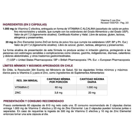 Vitamina C + Zinc, 610mg. 60 cáps