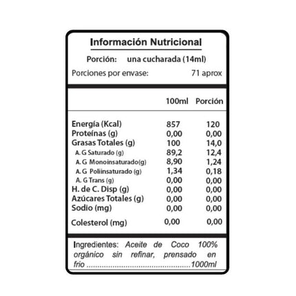 Aceite de Coco Orgánico, 1000 ml