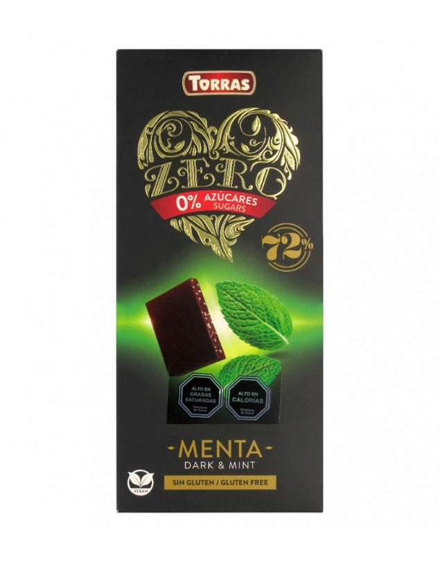 Chocolate y Menta 72% Cacao «Zero» con Menta, sin Azúcar Añadida y sin Gluten, 100 g