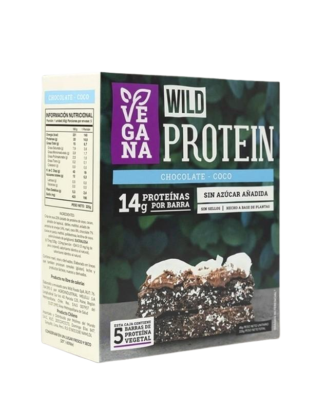 Pack de 5 Barras Wild Protein, Veganas, sin Azúcar Añadida, Sabor Chocolate y Coco, 45 g